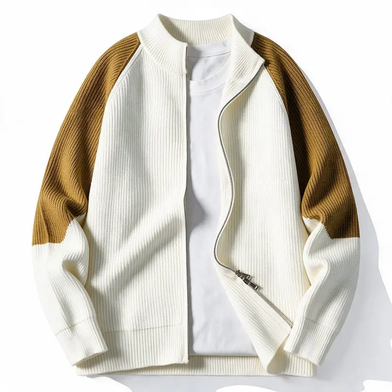 Autumn Winter Mens Patchwork Knit Cardigan Fashion Stand Collar Knitted Sweatercoat Men Zipper Loose Casual Cardigans Jackets