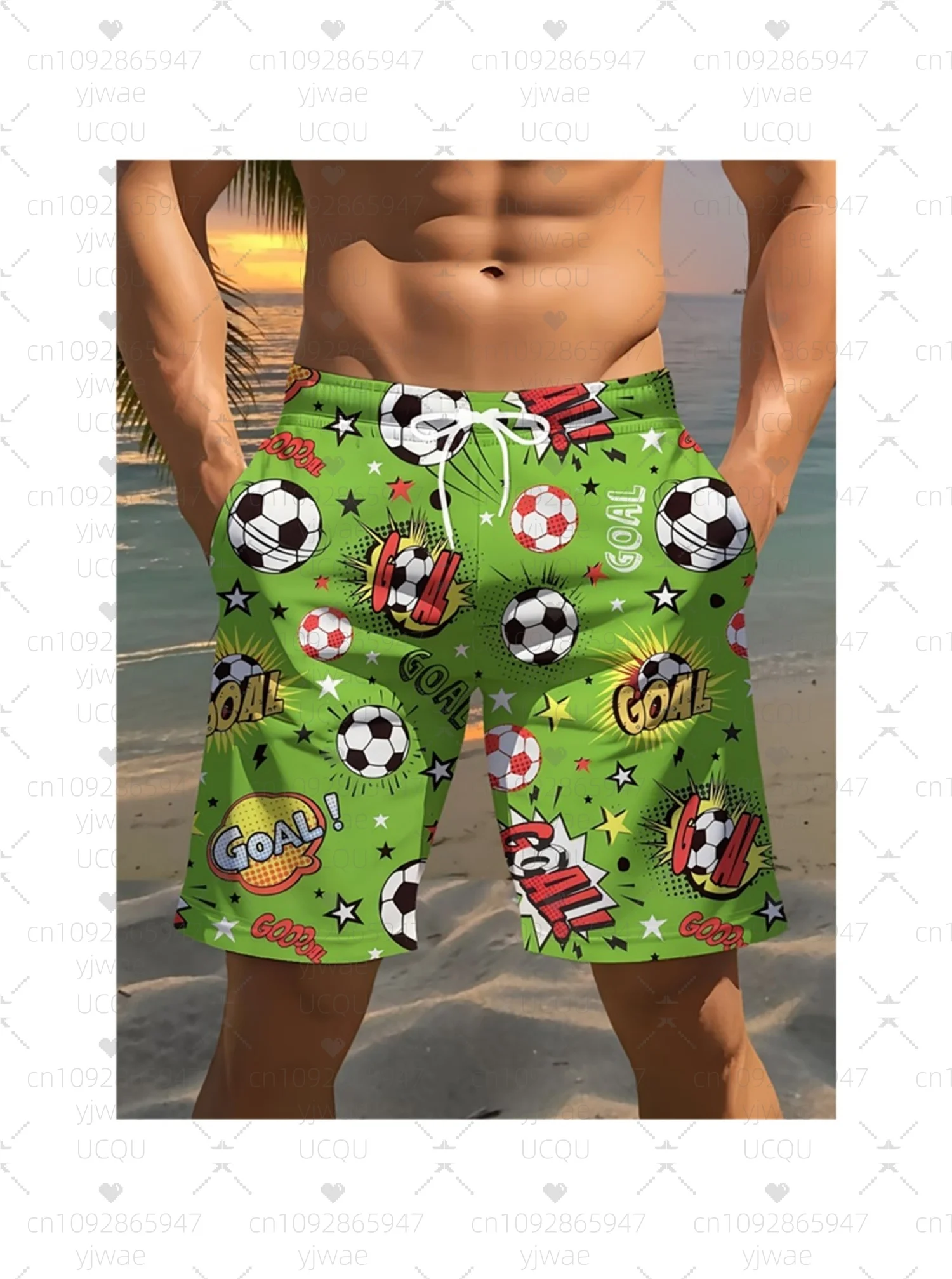 Summer mens full body 3d soccer goal print vacation Swim Trunks Drawstring Elastic Quick Dry Hawaiian Beach Shorts men clothing