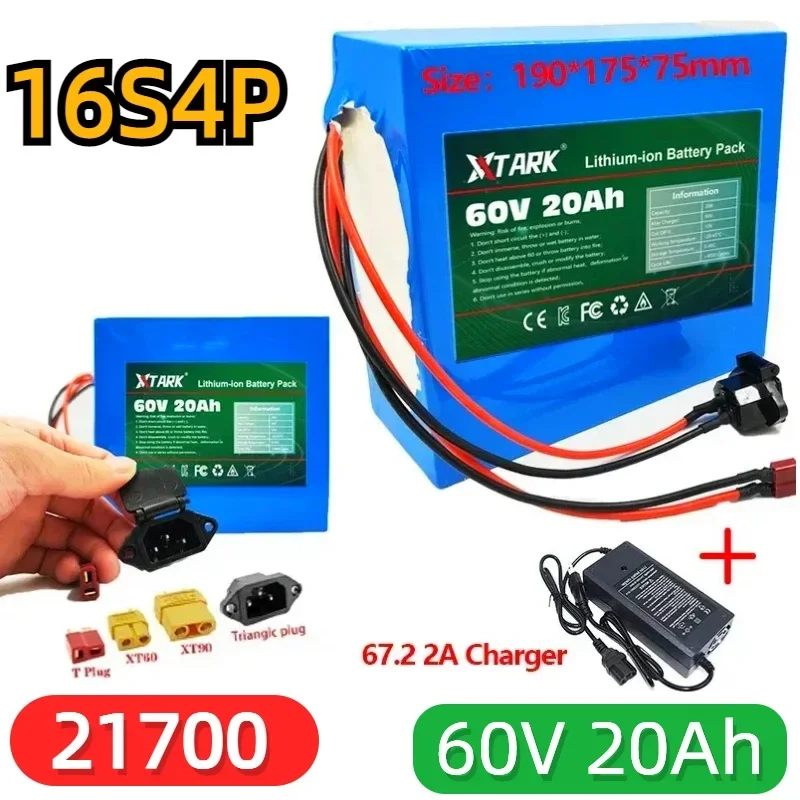 

New 60V 20Ah 21700 Lithium Battery Pack 16S4P 1000W-3000W Electric Bike Motorcycle Scooter Battery +67.2V 3A Charger