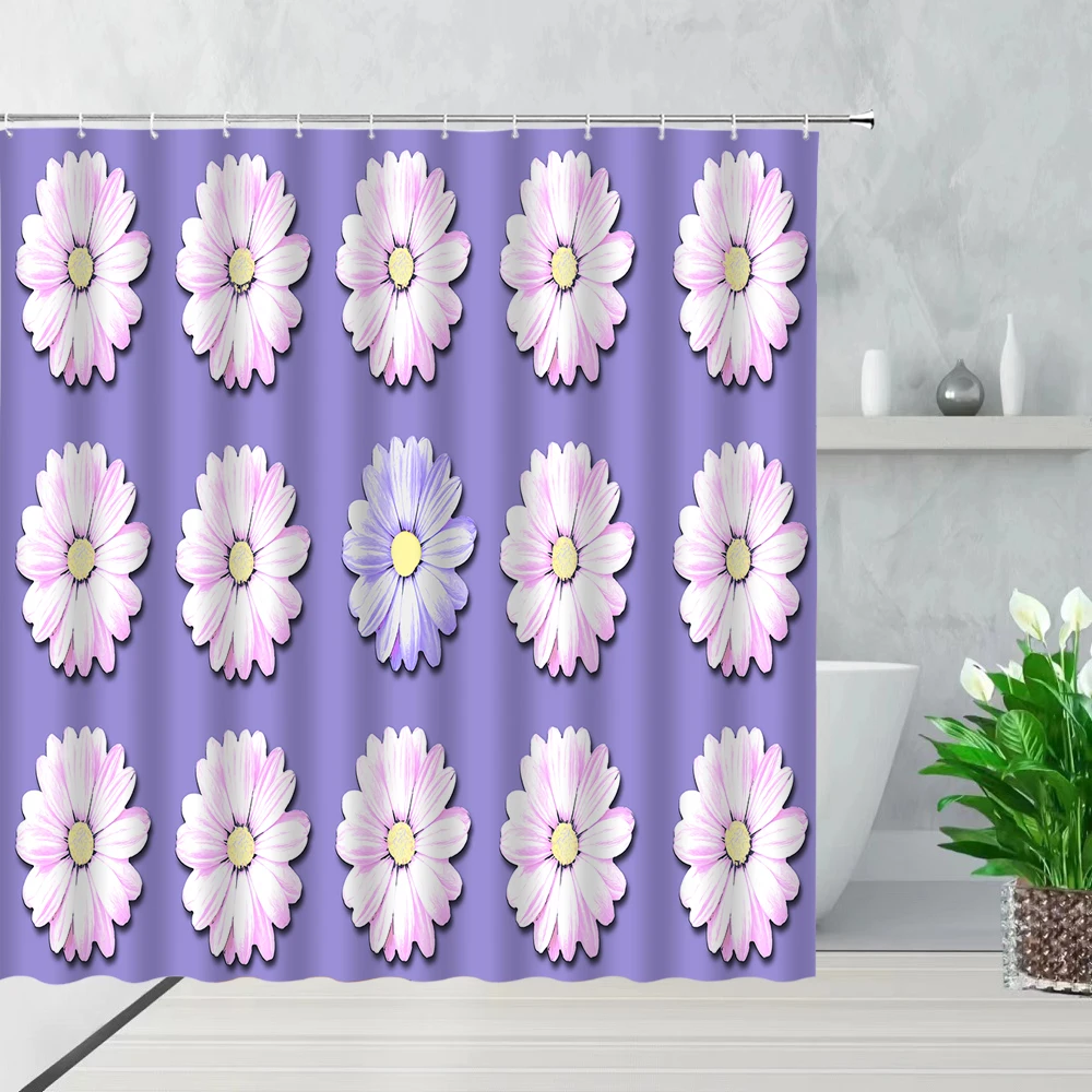 

Colorful Daisy Floral Shower Curtain Cute Watercolor Retro Coral Aesthetic Blossom Bath Curtains Bathroom Home Decor with Hooks