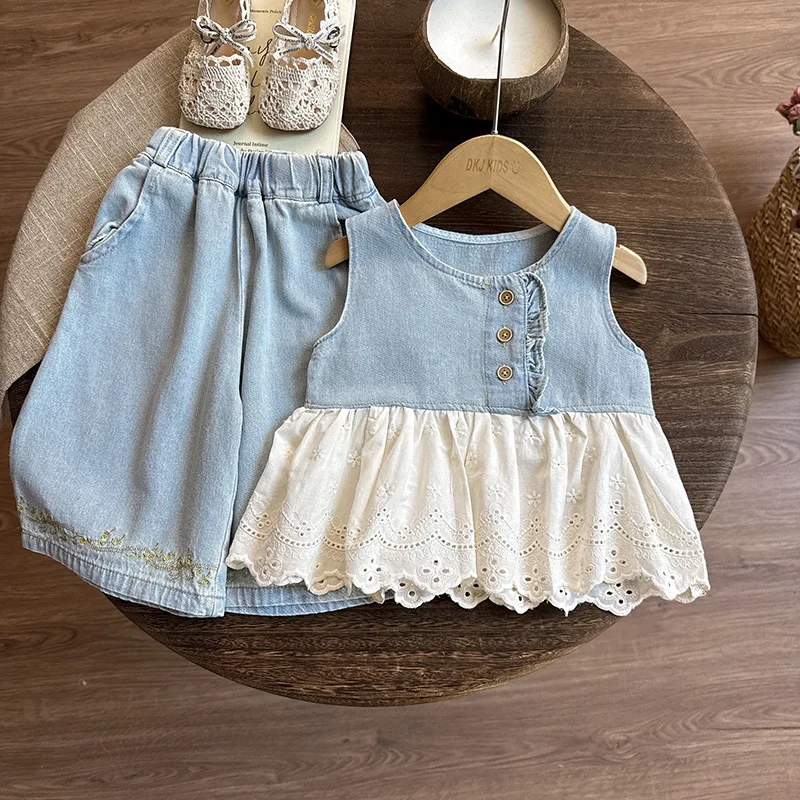 

Girls Clothes Sets Summer 2025 Children Denim Dress Vest Tops Pants 3pcs Fashion Suit For Baby Princess Outfits Kids Costume 8Y