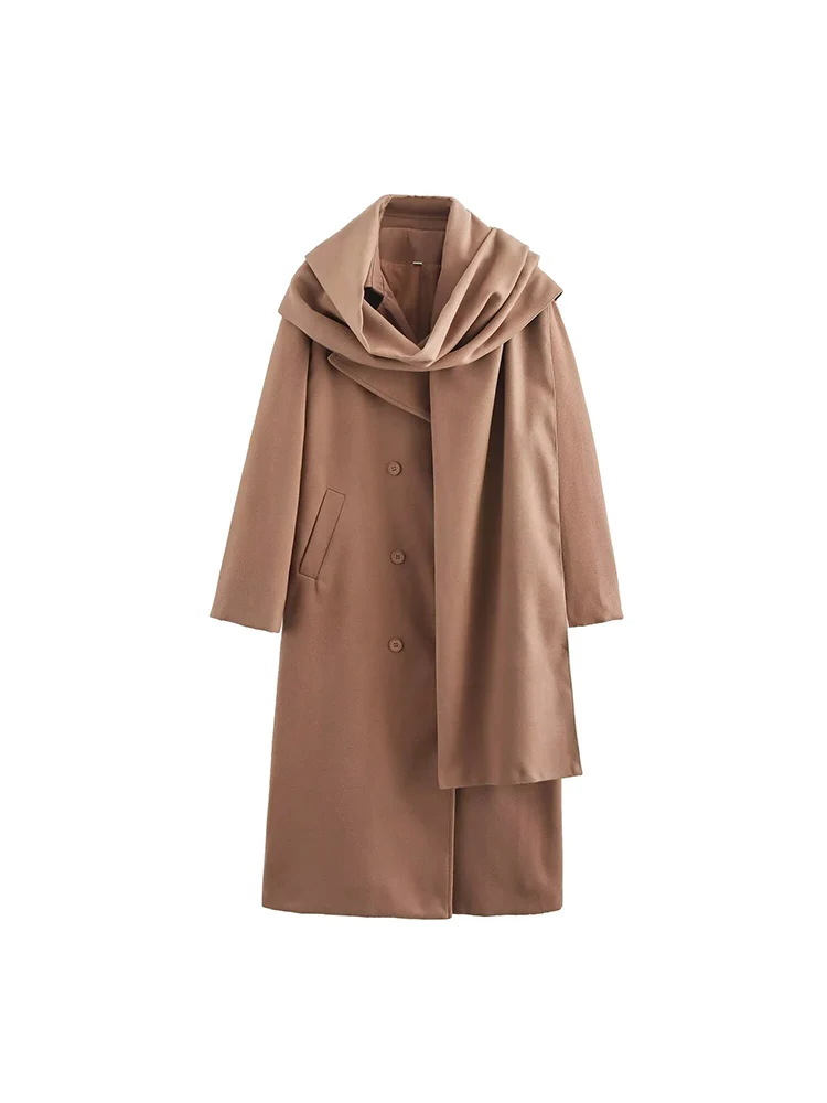 

Новая женская мода в европейском стиле, универсальное, элегантное однотонное двубортное шерстяное пальто с воротником-шарфом, удлиненное.