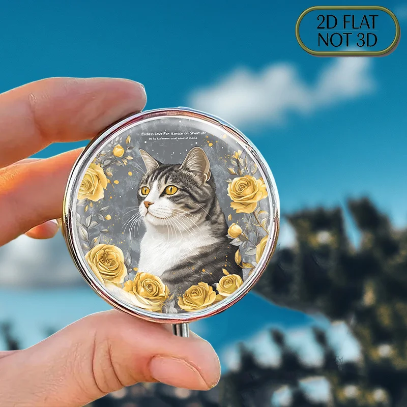 1pc flat portable round metal pill box with a vintage design, featuring touching quotes and a unique cat, ideal for storing and organizing medication, perfect for keeping vitamins safe, and can be used as a multi-functional organizer or as a thoughtful gift