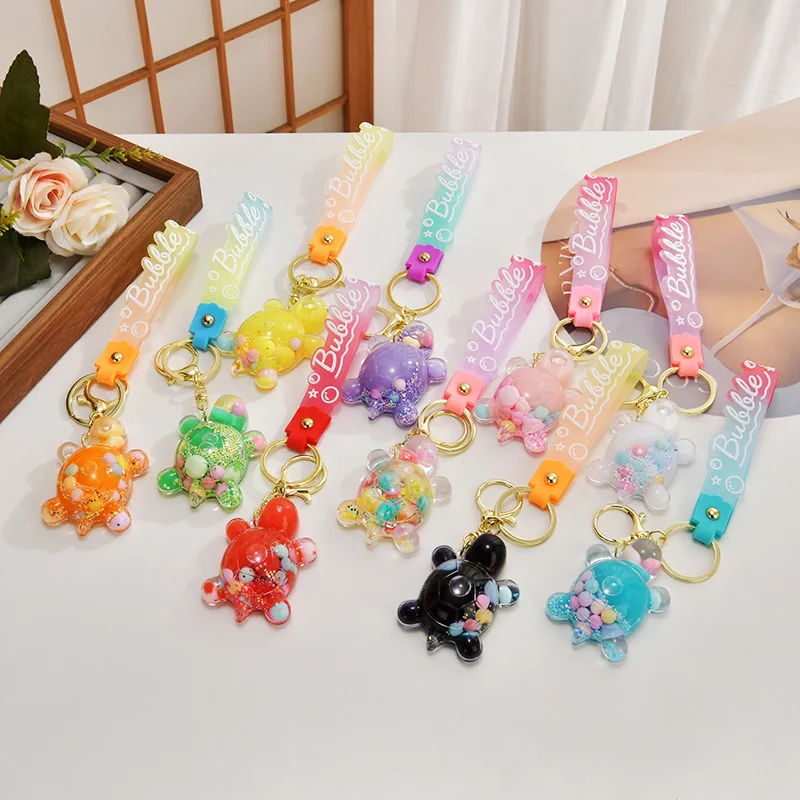 Kawaii Turtle Shape Liquid Keychain Floating Colorful Ball Pendant Keyring Accessories Couple Bag Car Charm Key Chains Kids Toys