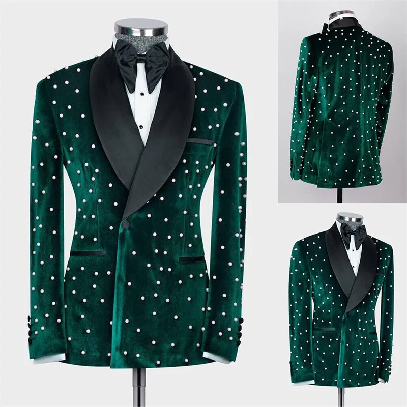 1 pz perle velluto uomo vestito Blazer formale smoking da sposa Prom Party Custom Made raso risvolto giacca Outfit Costume Pour Hommes