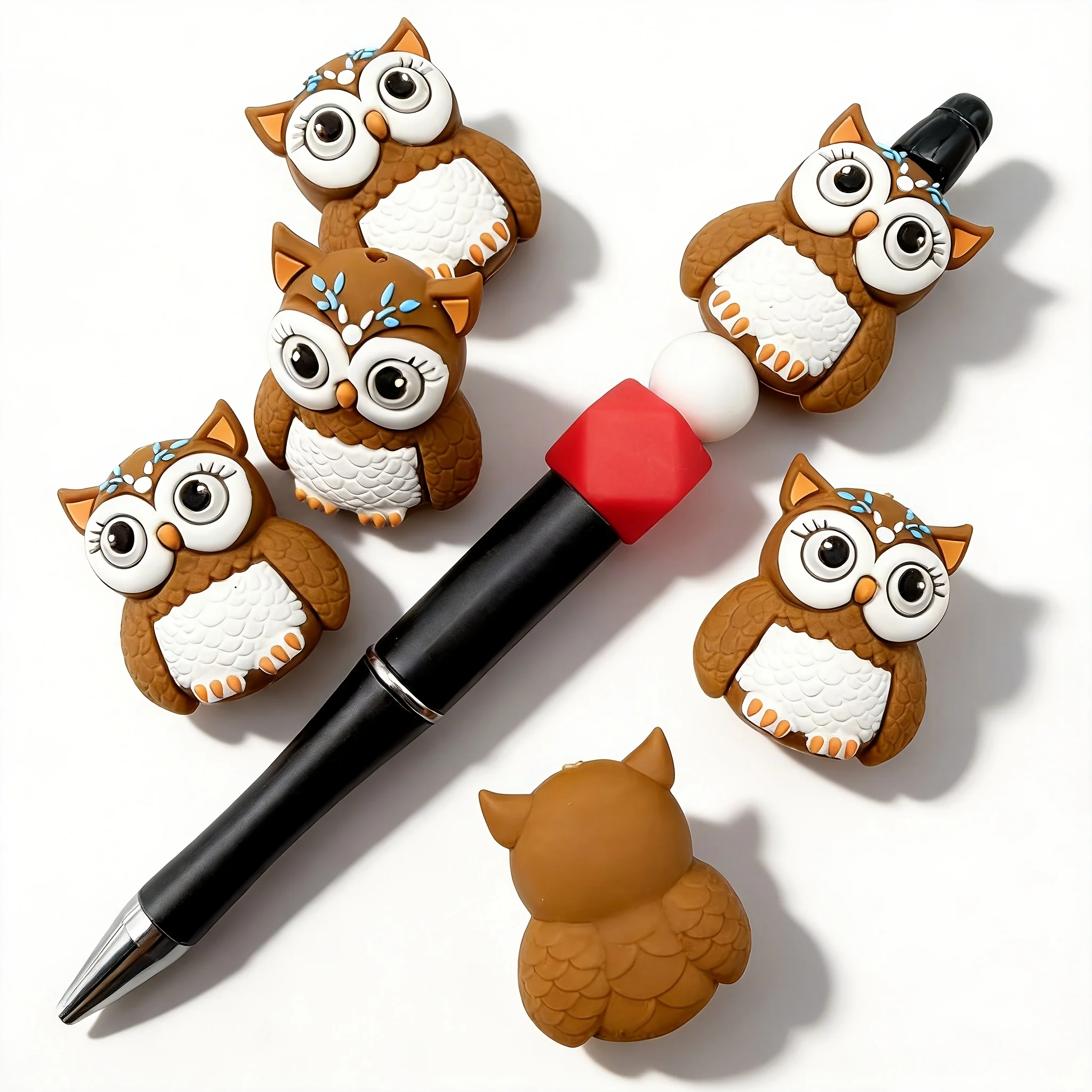 6Pcs New 3D Owl Silicone Focus Beads, Brown White Retro Forest Style, DIY Beads for Beaded Pen Bracelet Necklace Lanyard