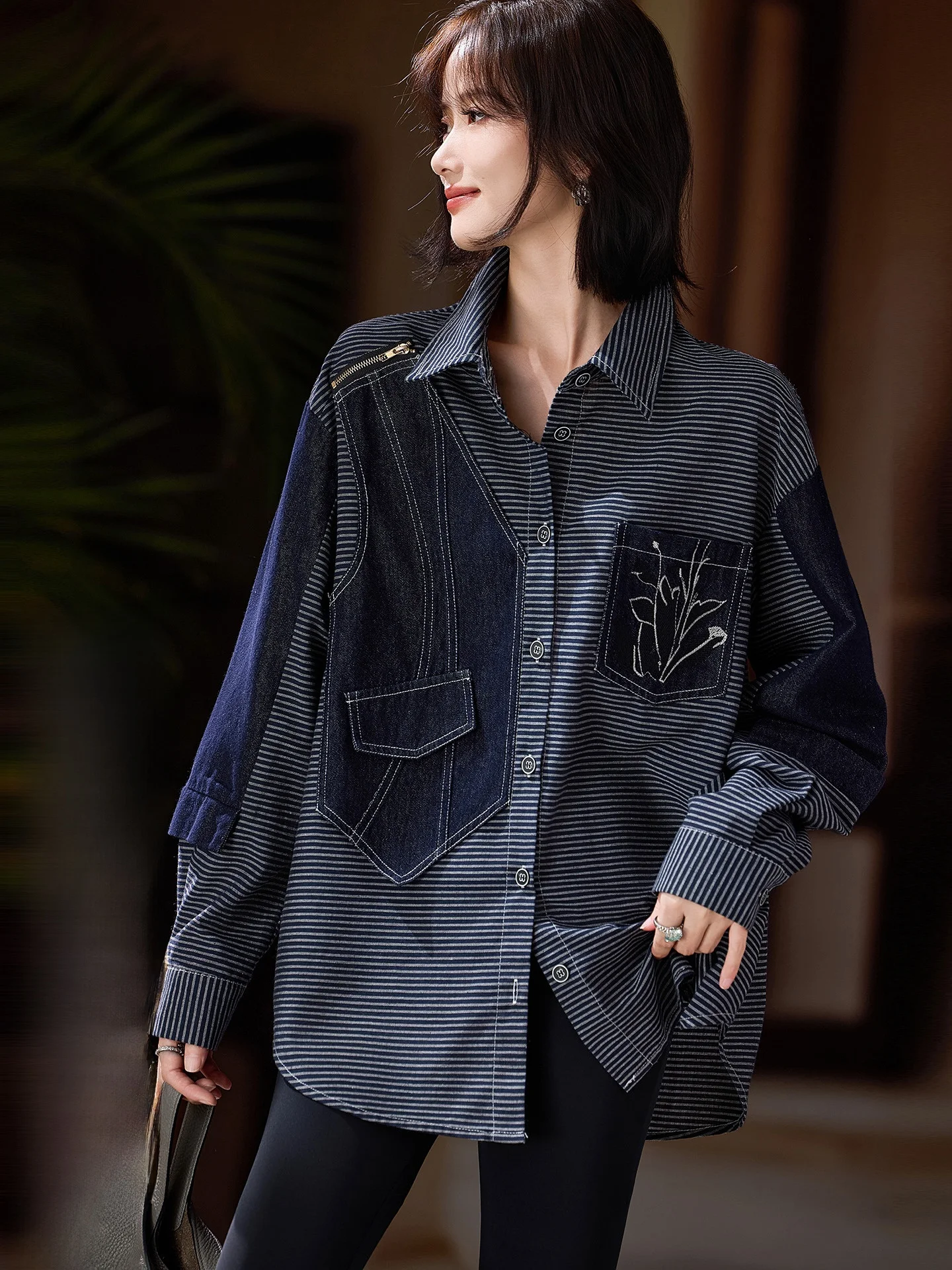 

Свободный полосатый лоскутный женский топ, осень 2024, новинка Sle Street Faion, повседневный топ большого размера от SuMu, смесь хлопка из полиэстера