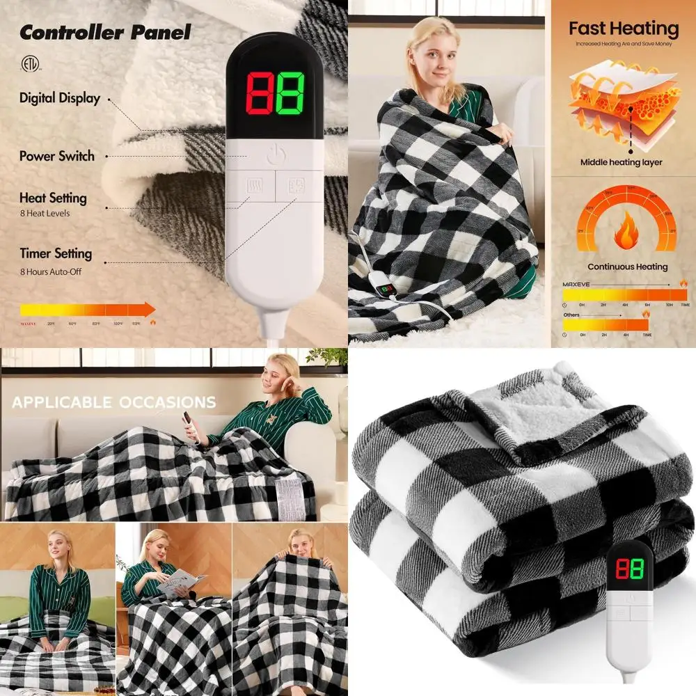 

Sherpa Plaid Christmas Twin Blanket, 62x84, 8 Heat Levels, Auto Off, Washable, Overheat Protection, ETL Certified, Black