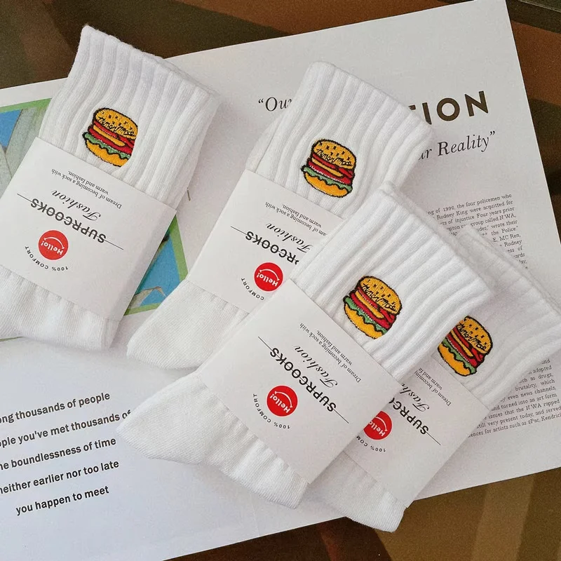 

Мужские носки, осень-зима, 4 пары, модные предметы для гамбургеров с вышивкой для мужчин, забавные подарки, белые средние носки-трубы