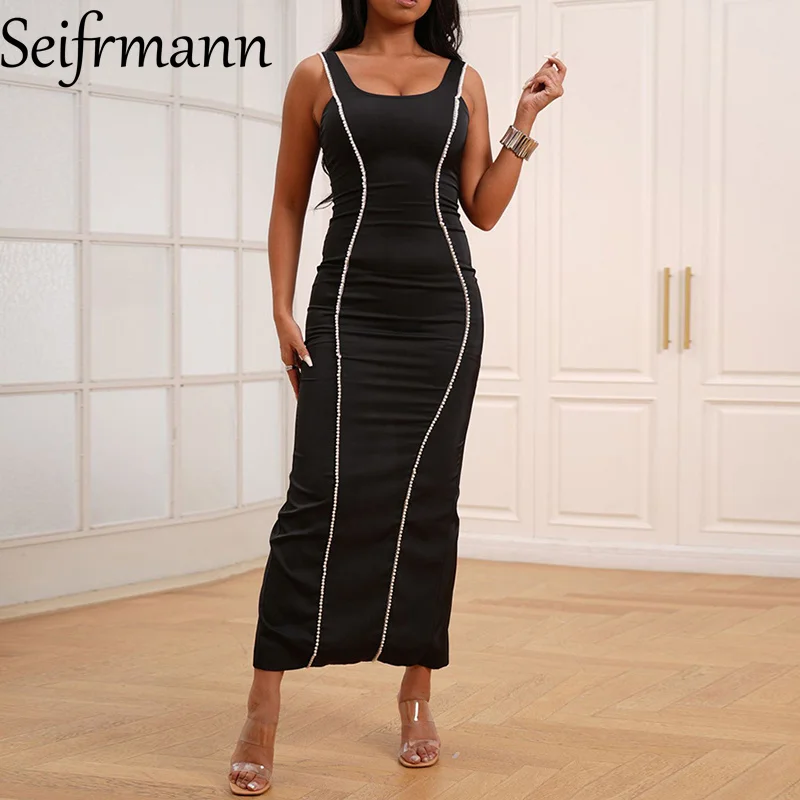 

Seifrmann, летнее женское элегантное вечернее платье, сексуальные прямые платья в полоску с бисером и запахом на бедрах, прямые платья с высокой талией
