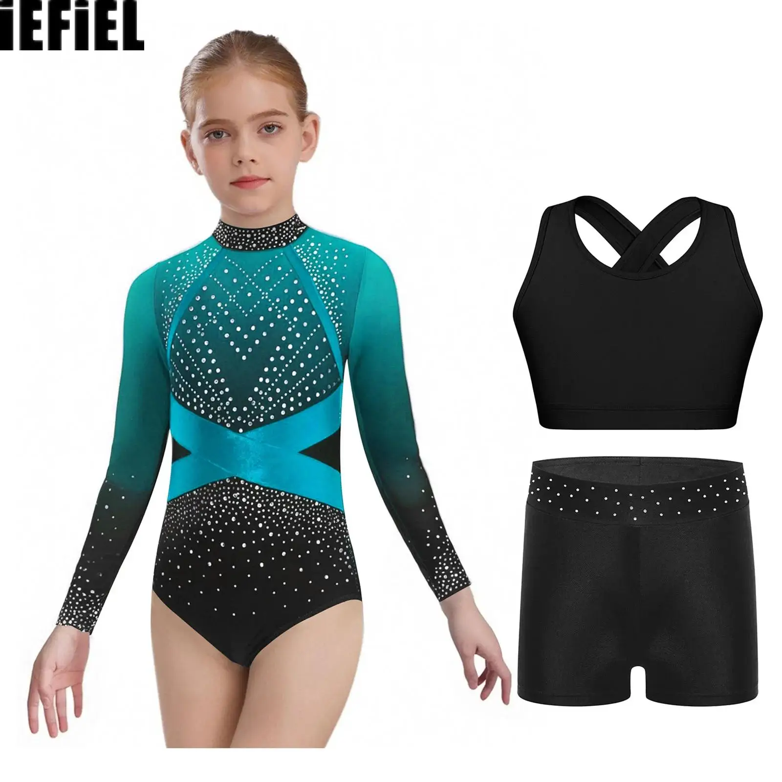

Kids Girls Gymnastics Dance Outfit Long Sleeve Sparkling Rhinestones Color Block Leotard with Cross Back Vest And Shorts