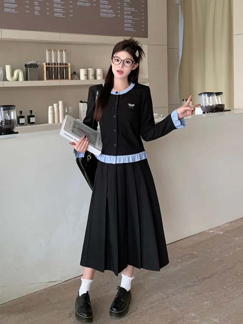 Conjunto de dos piezas de poliéster para mujer, Tops y falda a rayas con una sola botonadura, trajes a juego negros de talla grande 3XL, otoño e invierno