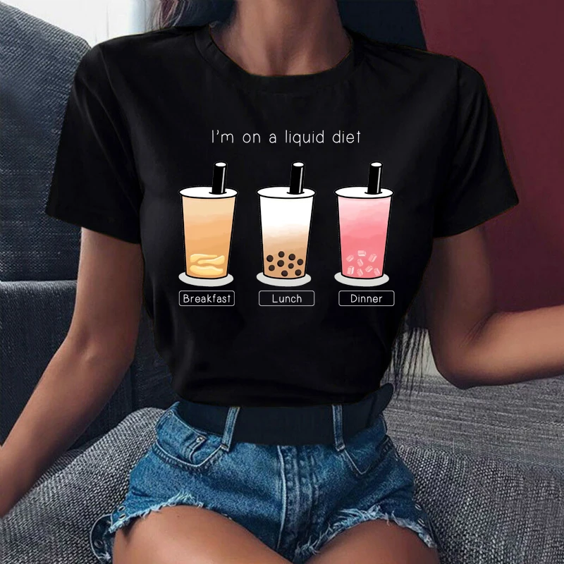 Maycaur Cute T Shirts Women Streetwear Panda Graphic Tees Fashion Milk Tea Printed Women Tops Funny Vintage Casual Female Tshirt