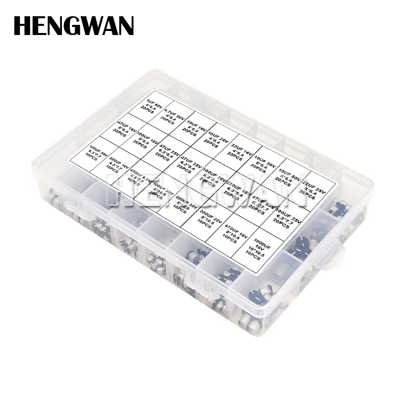 400pcs SMD Aluminum Electrolytic Capacitor Assortment Kit 24Values 1UF-1000UF 6.3V-50V Capacitance Sample Set with box