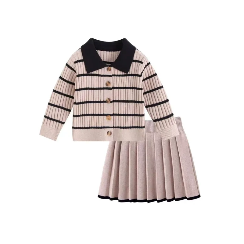 Girls Preppy Knit 2piece Set 26 Autumn Winter Patchwork Stripe Lobg Sleeve Cardigan Sweater Skirt 2-14 Years Children Clothes