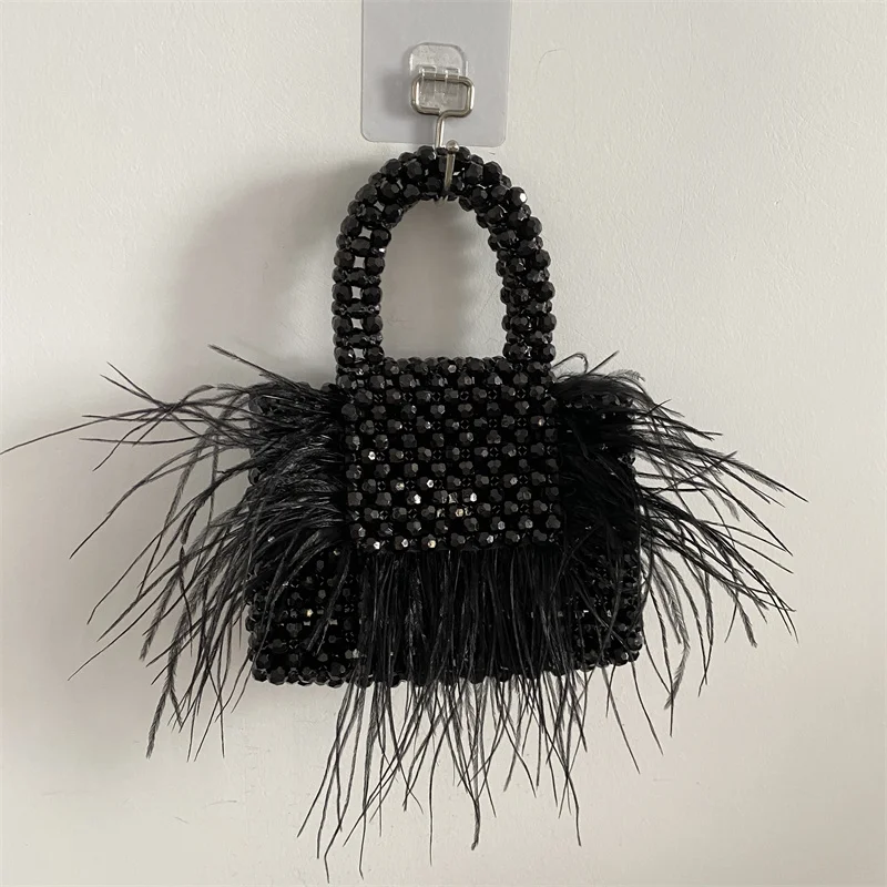 Add Feather Customized Party Dinner Bag Fashion Handmade Acrylic Woven Flap Women\'s Shoulder Bags Summer Senior Handbag Small