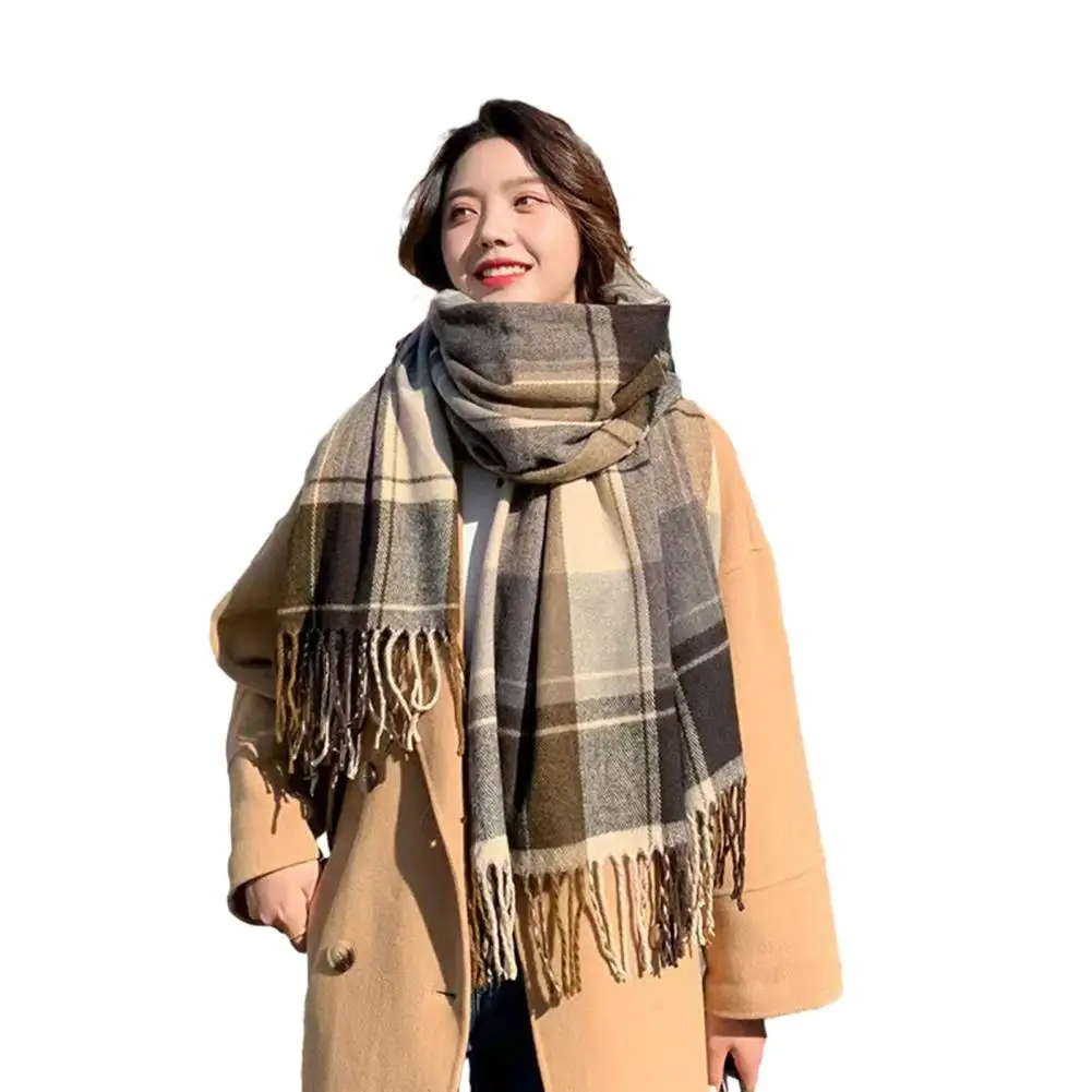 Women Winter Scarf Color Matching Tassel Wide Long Plaid Print Scarf Thick Sock Warm Windproof Lady Neck Wrap Shawl