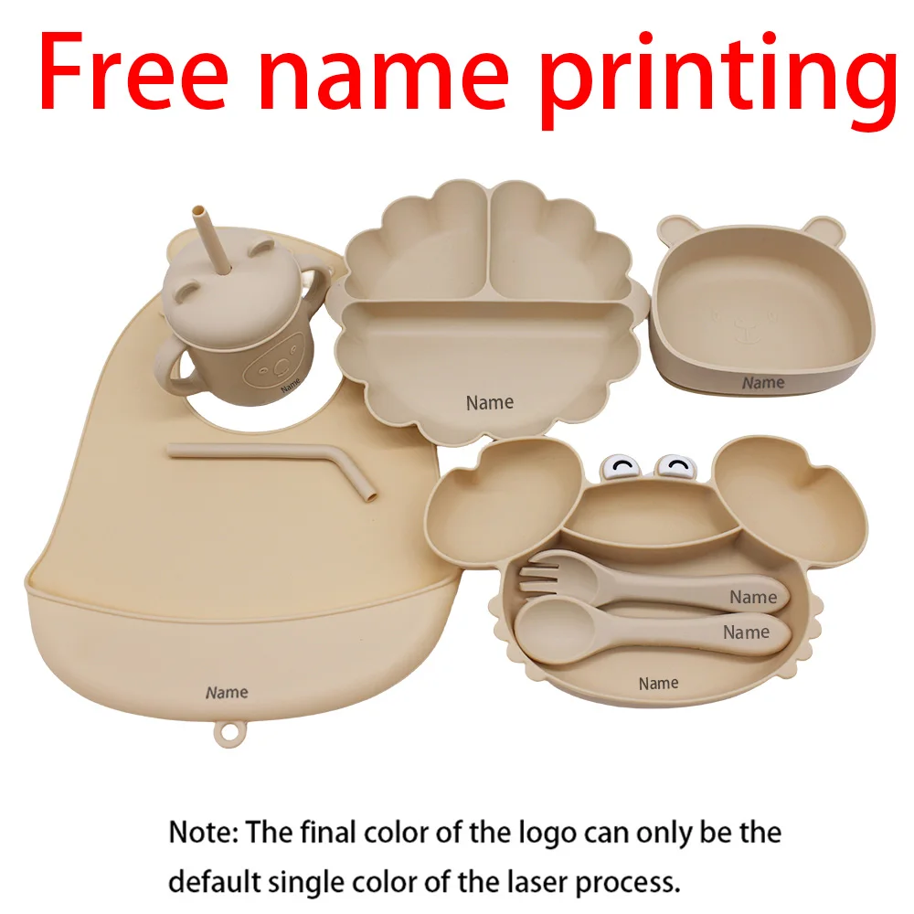 

Free Name Printing Children's Tableware Set: Bib, Plate, Cup, Fork & Spoon. Silicone Material. Personalized Gift.