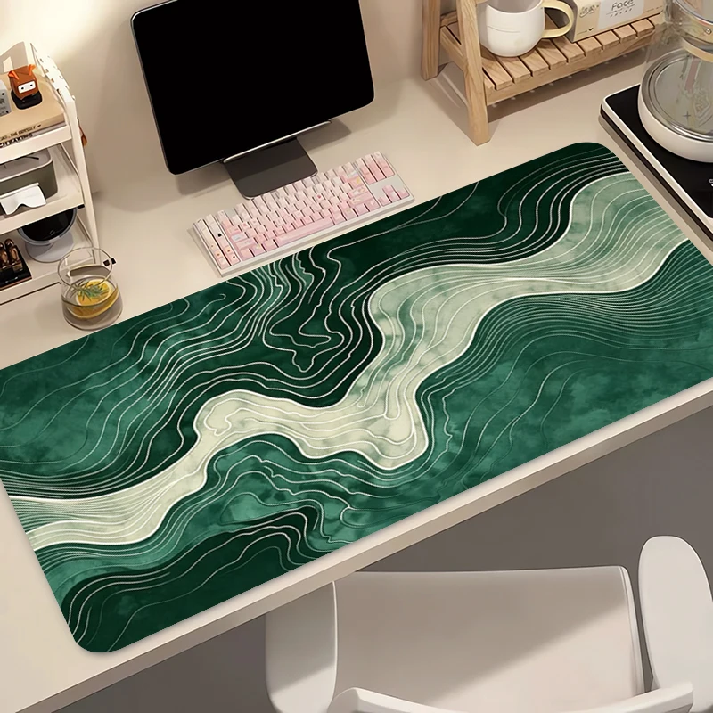 Large Mouse Pad Dark Green Office Desk Mat Abstract Fluid Gaming Mouse Pad Edge White Computer Mouse Pad Gamer Extended Mousepad