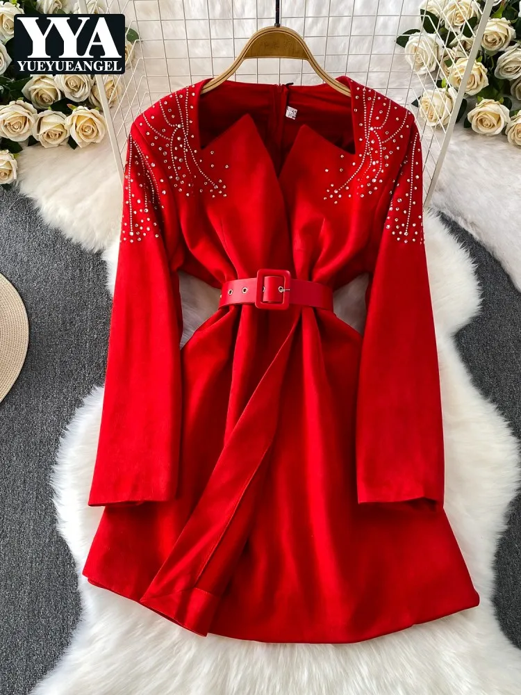 

Модное женское красное платье с длинным рукавом для банкета, с квадратным вырезом, поясом на талии, облегающее, длиной выше колена, горячая распродажа