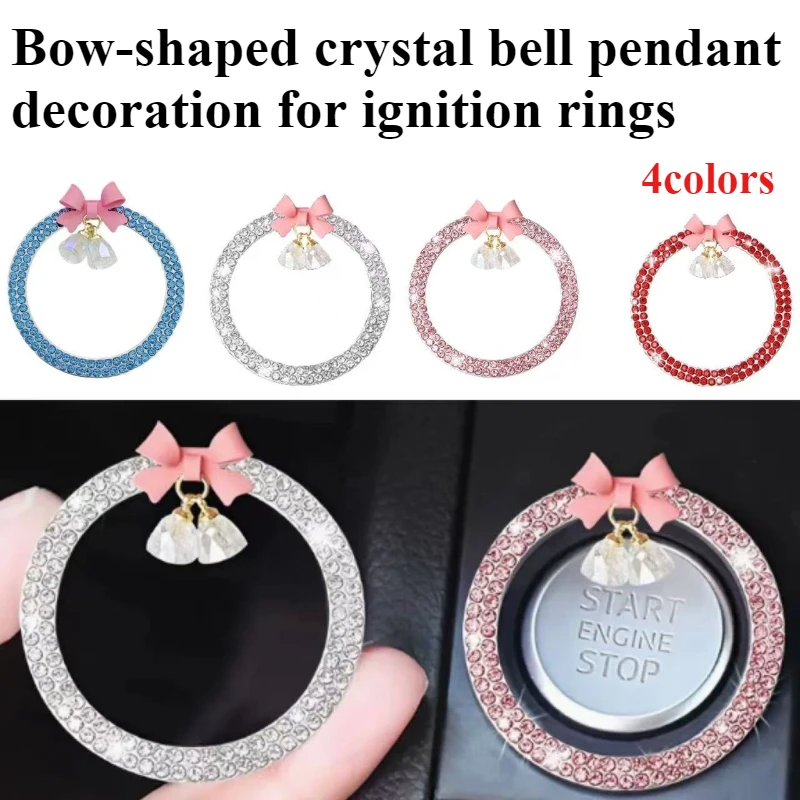 4 Colors Car Push Start Button Decor Sticker Women's Bling Diamond Bowknot Crystal Bell Pendant Ring