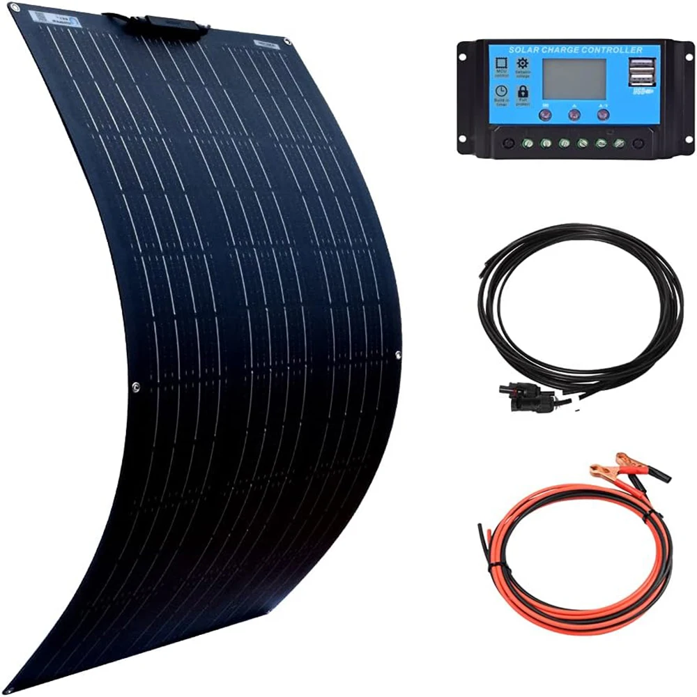 

100W Flexible Solar Panel 12V Solar Starter Kit 10A controller Extension cable battery cable for RV,boat,cabin,Trailer,off grid