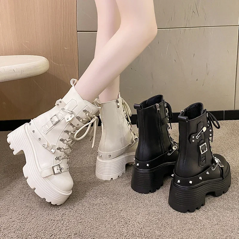 New Women Leather Punk Boots High Platform Chunky Sneakers Autumn 9CM Wedge Heels Mid-Calf Boots Woman Winter Motorcycle Boots