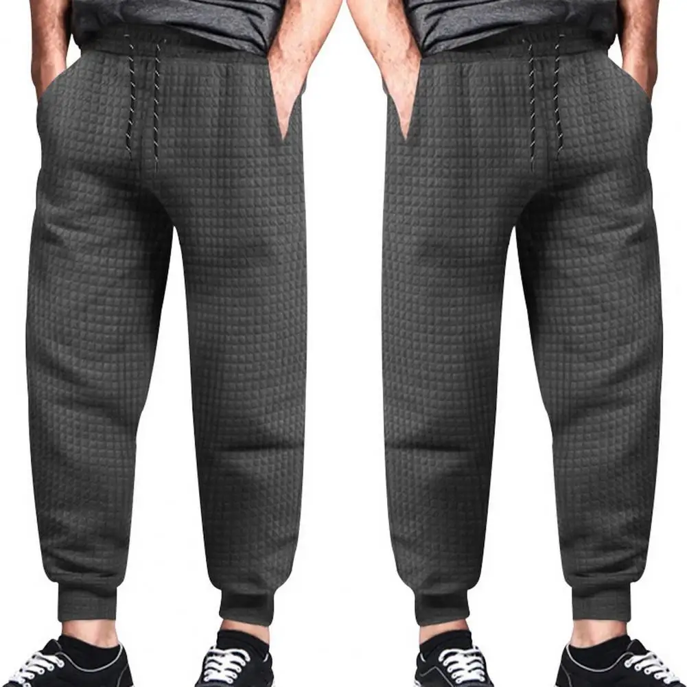 Men Casual Trousers Men's Waffle Texture Drawstring Sweatpants with Elastic Waist Pockets Casual Soft Warm Loose Fit for Spring