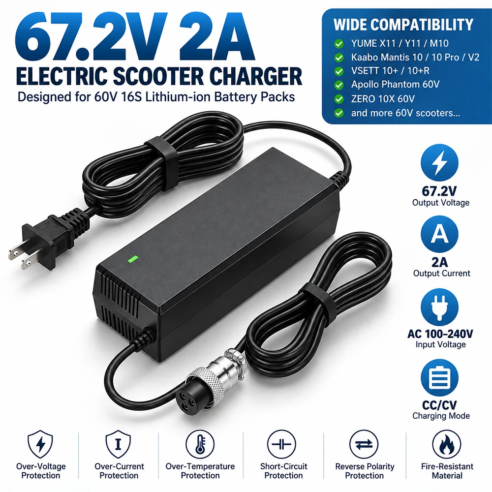 67.2V 3A 3 Prong Scooter Quick Charger, for Yume X11 Y11 M10, Kaabo Mantis 10, 10 Pro, V2/ VSETT 10+, 10+R/Apollo 60V Phantom,