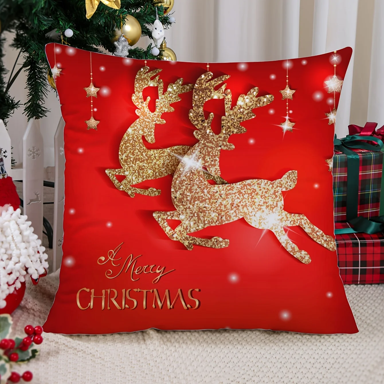 1pc Golden Reindeer with Stars Printed Throw Pillow Cover 100% Polyester for Living Room Decor Satin Fabric Cushion Cover