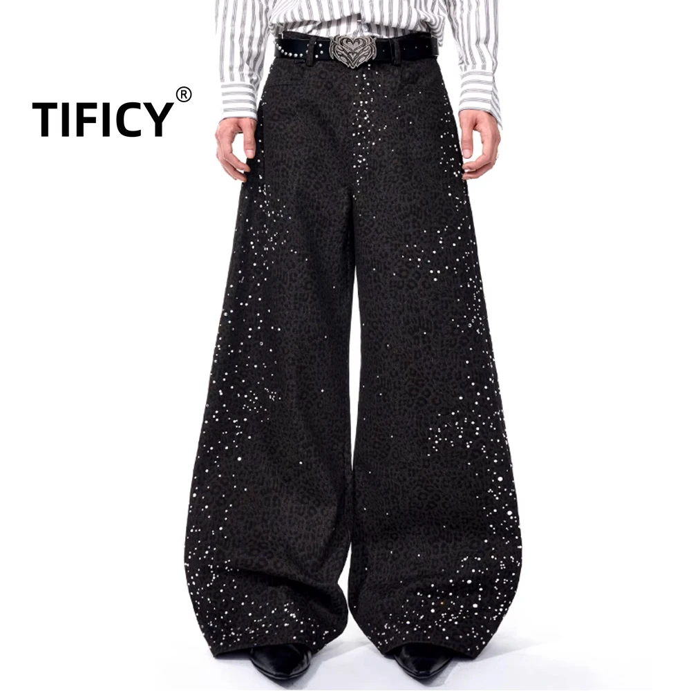 

High Street Leopard Print Jeans Pants Men's Autumn New Style High-end Pearl Hot Stamping Wide Leg Streetwear Pants