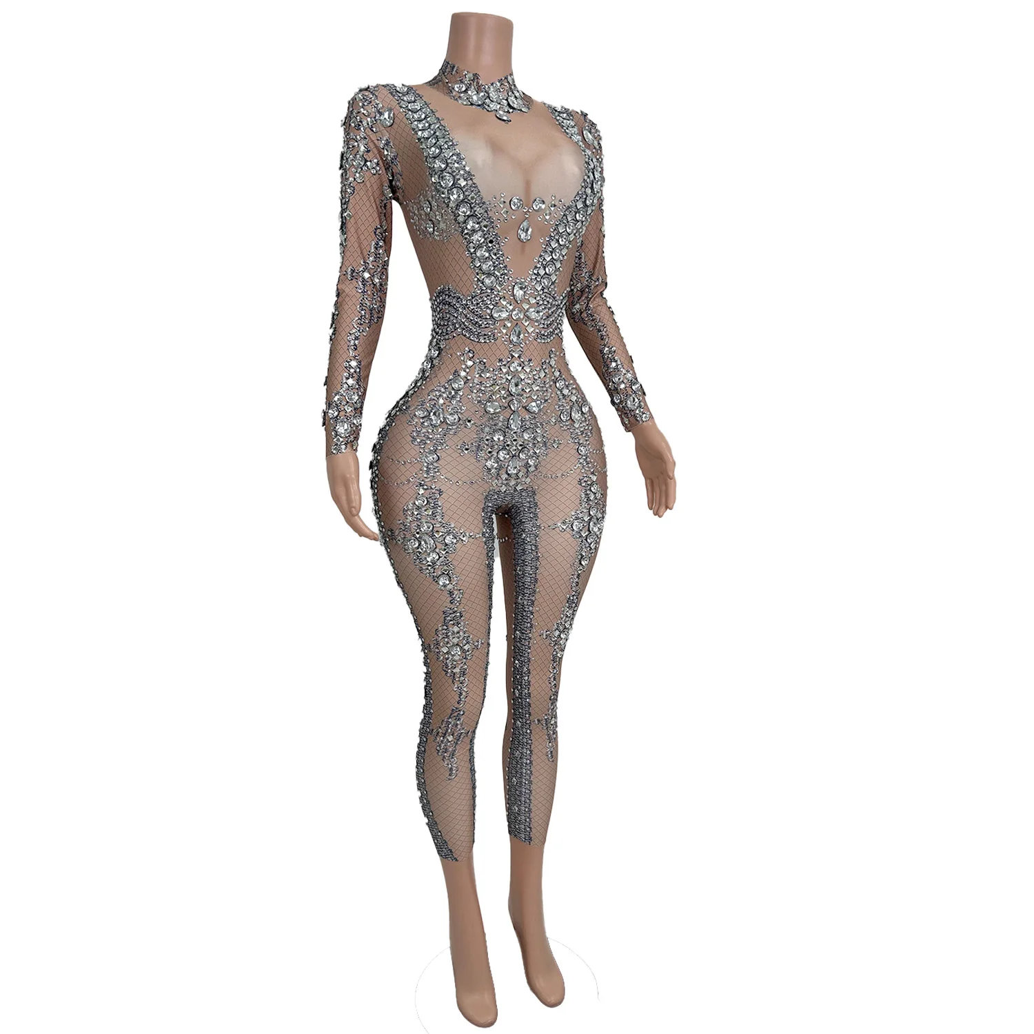 Сексуальный комбинезон с длинными рукавами Drag Queen, сценический комбинезон со стразами, женский костюм танцовщицы в прямом эфире, облегающий боди, вечерние комбинезоны