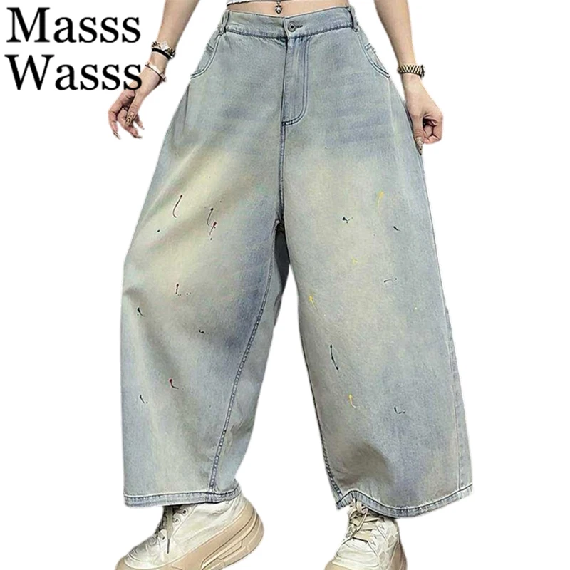 

Masss Wasss 2026 Spring Vintage Loose Denim Pants Womens Korean Classic Fashion Trousers Ladies Leisure Printed Wide Leg Jeans