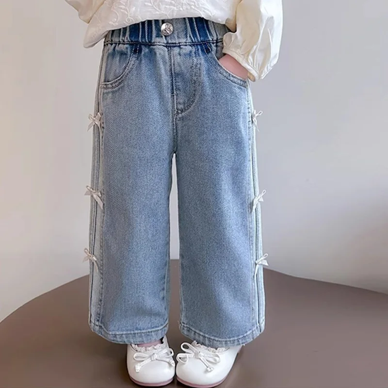 

2-8Y Baby Girls Jeans Kids Spring Autumn Loose Bow Pants New Children's Straight Wide-leg Trousers Toddler Casual Clothing