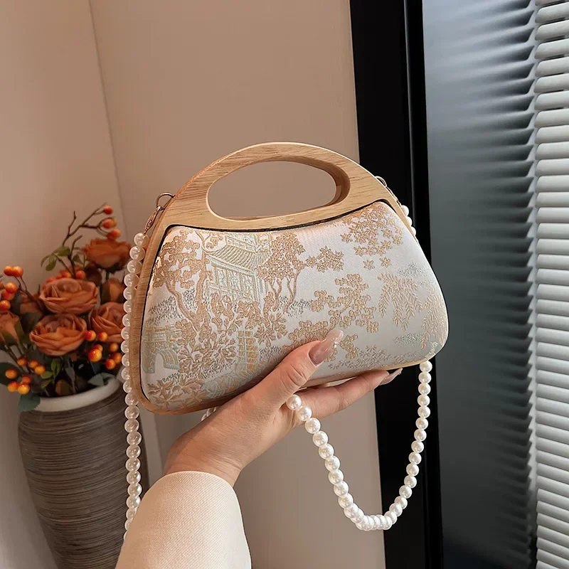 Chinese Style Embroidery Print Small Clutches Handbags For Women 2024 New Pearl Chain Shoulder Bag Party Prom Evening Bags Purse