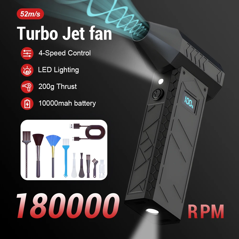 180000 RPM 터보 제트 송풍기, 강력한 충전식 송풍기, 2LED 조명 배터리 전원 디스플레이, 먼지 청소 도구, 속도 52 m/s