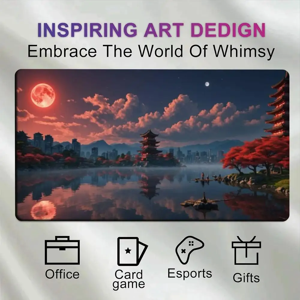 Extended Gaming Desk Mat Fantasy East Asian Temple Red Moon Water Reflection Non-Slip Waterproof Mousepad for Desktop Computer