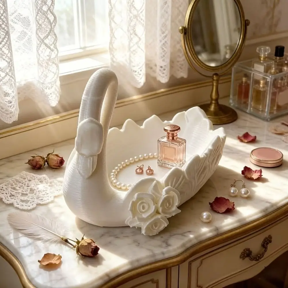 3D Printed Swan Shaped Jewelry Tray Plastic Nordic Style Floral Swan Storage Tray Decorative Key Ring Holder Vanity Decor