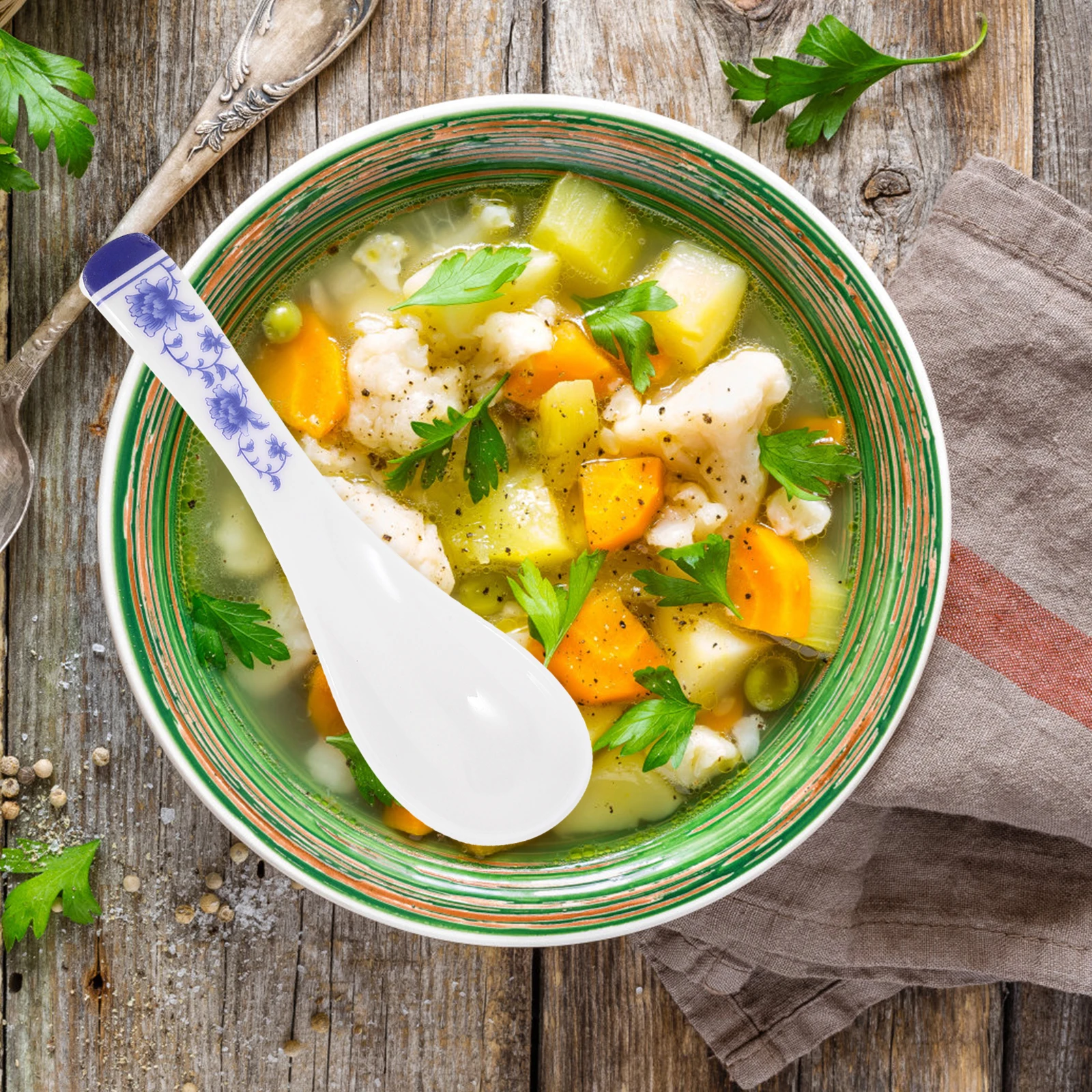 

10Pcs Exquisite Blue White Spoons Sturdy Scratch Resistant for Soup Rice Porridge Cereal Appetizers Wonton Udon Ramen Noodles