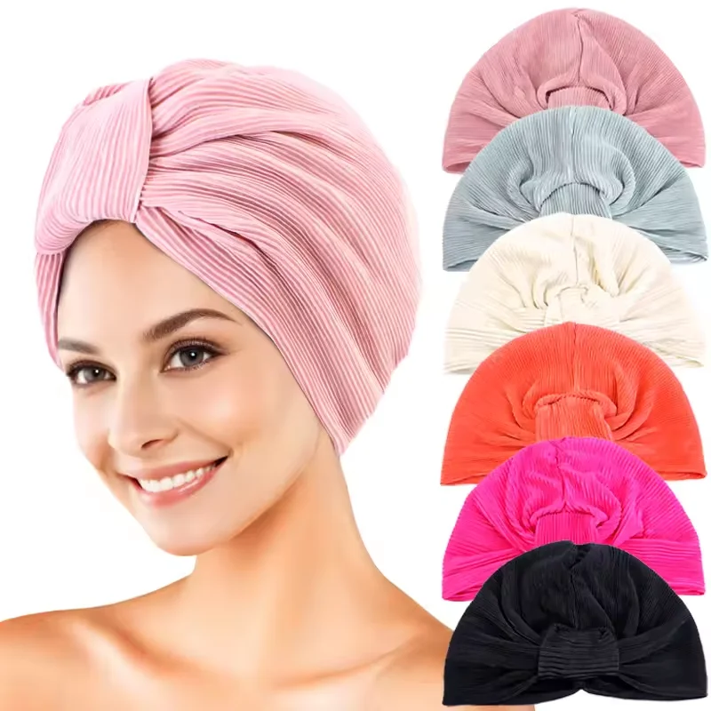 

Muslim Women Inner Hijab Indian Hat Pleated Knotted Bonnet Beanie Stretch Head Wrap Chemo Cap Hair Loss Headscarf Turbante Mujer