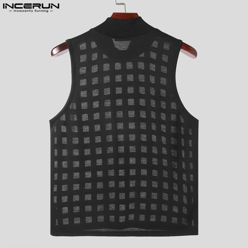 INCERUN Men Tank Tops Hollow Out Solid Color Turtleneck Sleeveless Casual Male Vests Sexy 2024 Streetwear Fashion Men Clothing