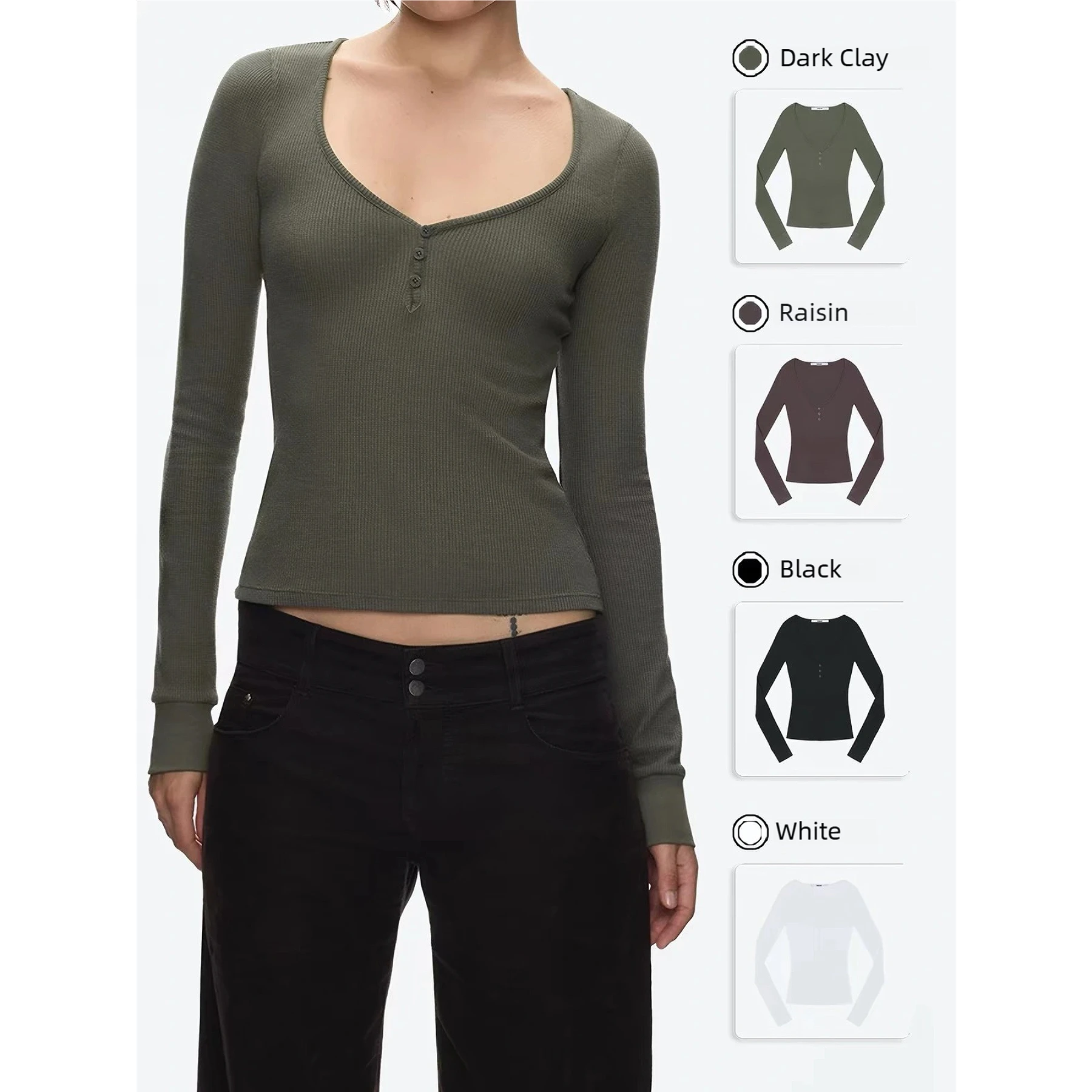 Tank Green Waffle Pattern Deep V-Neck Henley Shirt, Black and White Solid Color Slim Fit Long Sleeve Top