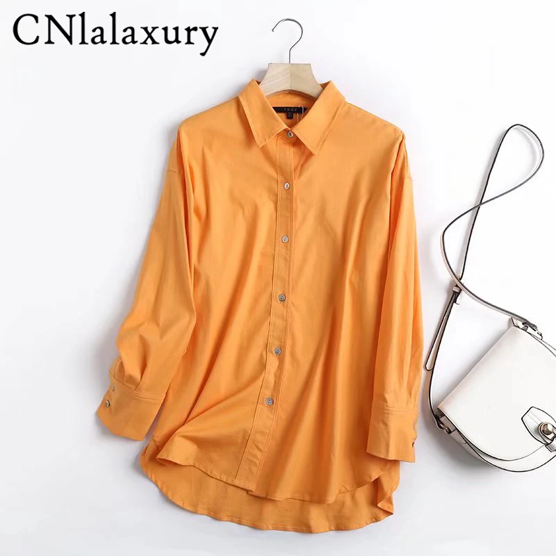 CNlalaxury Women Orange Cotton Linen Oversized Long Shirt Blouse Chic Female Casual Loose Shirt Blusas Femininas Tops