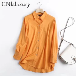 CNlalaxury Women Orange Cotton Linen Oversized Long Shirt Blouse Chic Female Casual Loose Shirt Blusas Femininas Tops