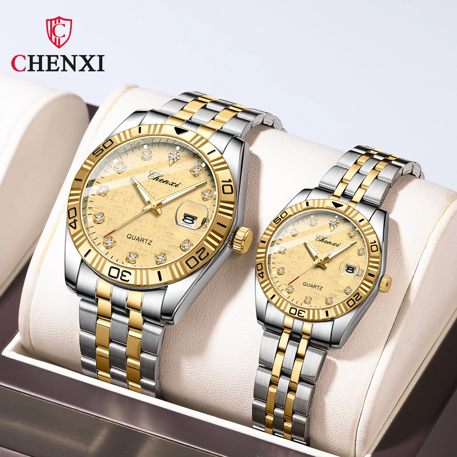Jam Tangan Pasangan Kalender dengan Berlian, Tali Baja Emas, Fashion Bisnis, Mewah Ringan, Jam Tangan Quartz
