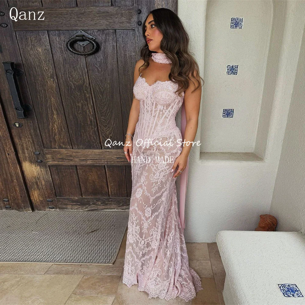 

Qanz Pink Evening Dresses Luxury 2025 Lace Appiques Mermaid Ribbons Prom Dress Illusion Sweertheart Women Party Gown Customized