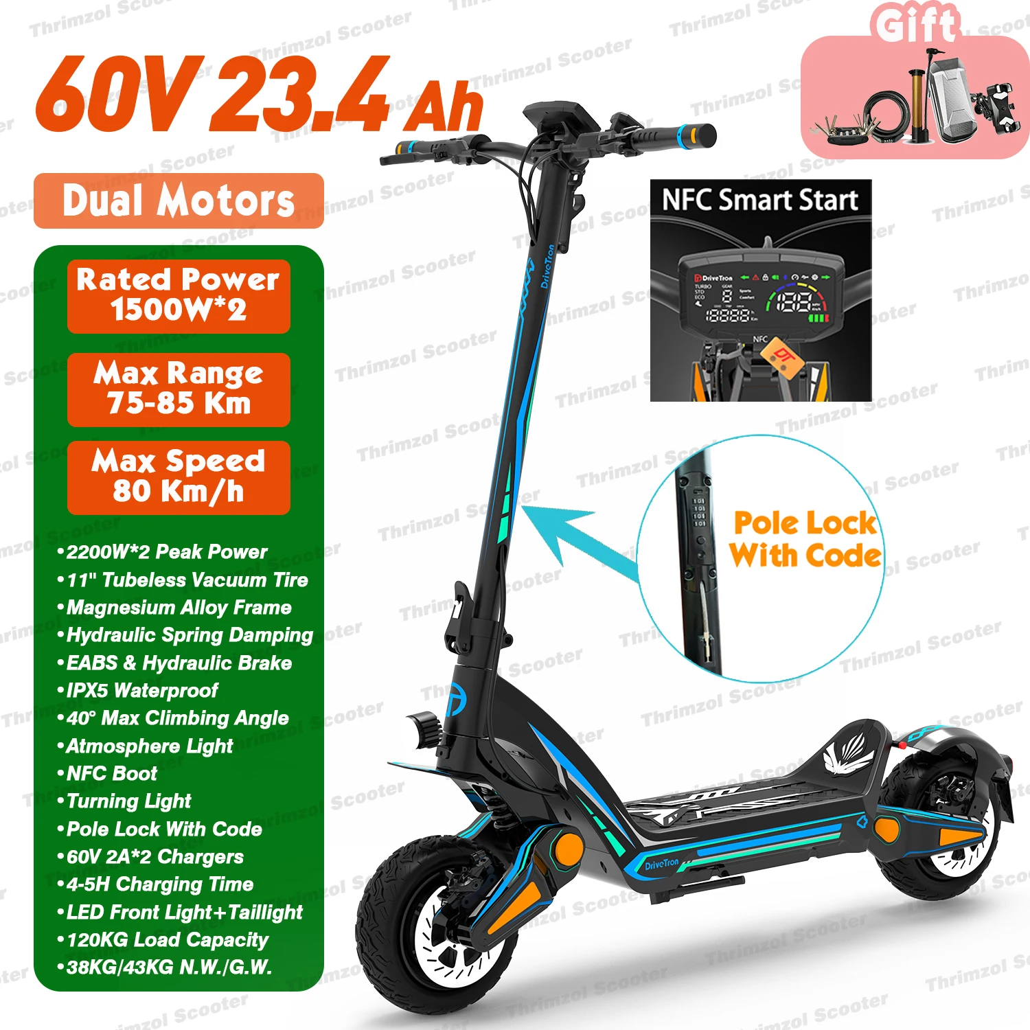 

DT06 Dual Motor 60V 23.4AH patinete eléctrico For Adult 1200W x 2 11" Tire 80KM/H Speed 85KM Range Offroad Electric Scooter