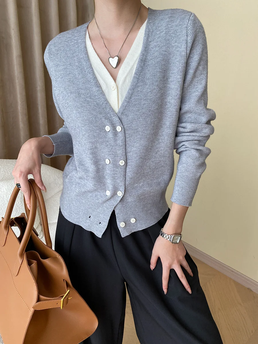 

ENjoyce Women Vintage Contrast Color Fake Two Piece Knitted Cardigan Sweater Korean Fashion Double Breasted Knitwear Spring Fall