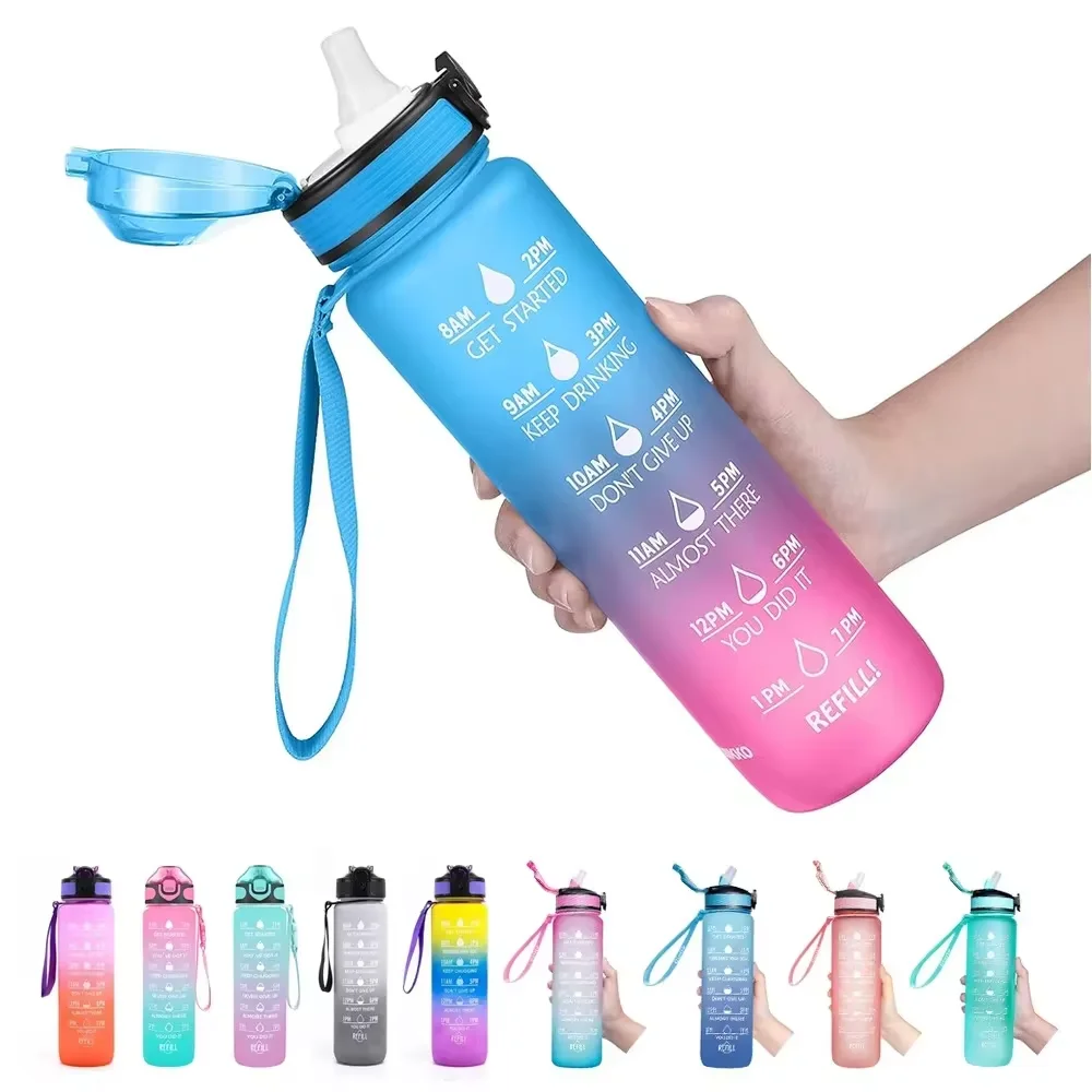 32 Oz Leakproof Water Bottles with Times to Drink and Straw Motivational Drinking Sports Water Bottle for Fitnes Gym Outdoor