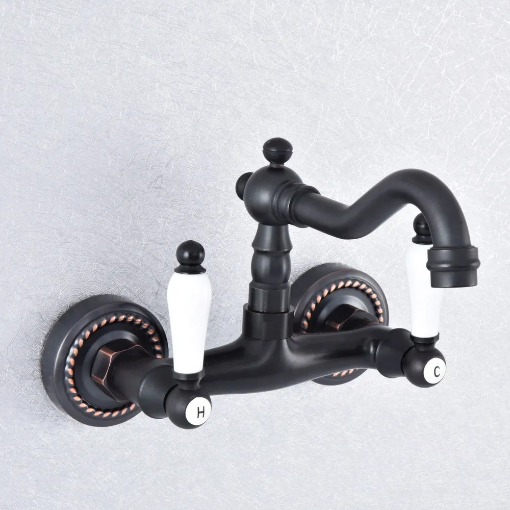 

Black Oil Rubbed Brass 360 Swivel Spout Kitchen Sink Faucet Dual Handle Dual Hole Bathroom Basin Cold Hot Water Mixer Tap Dsf749
